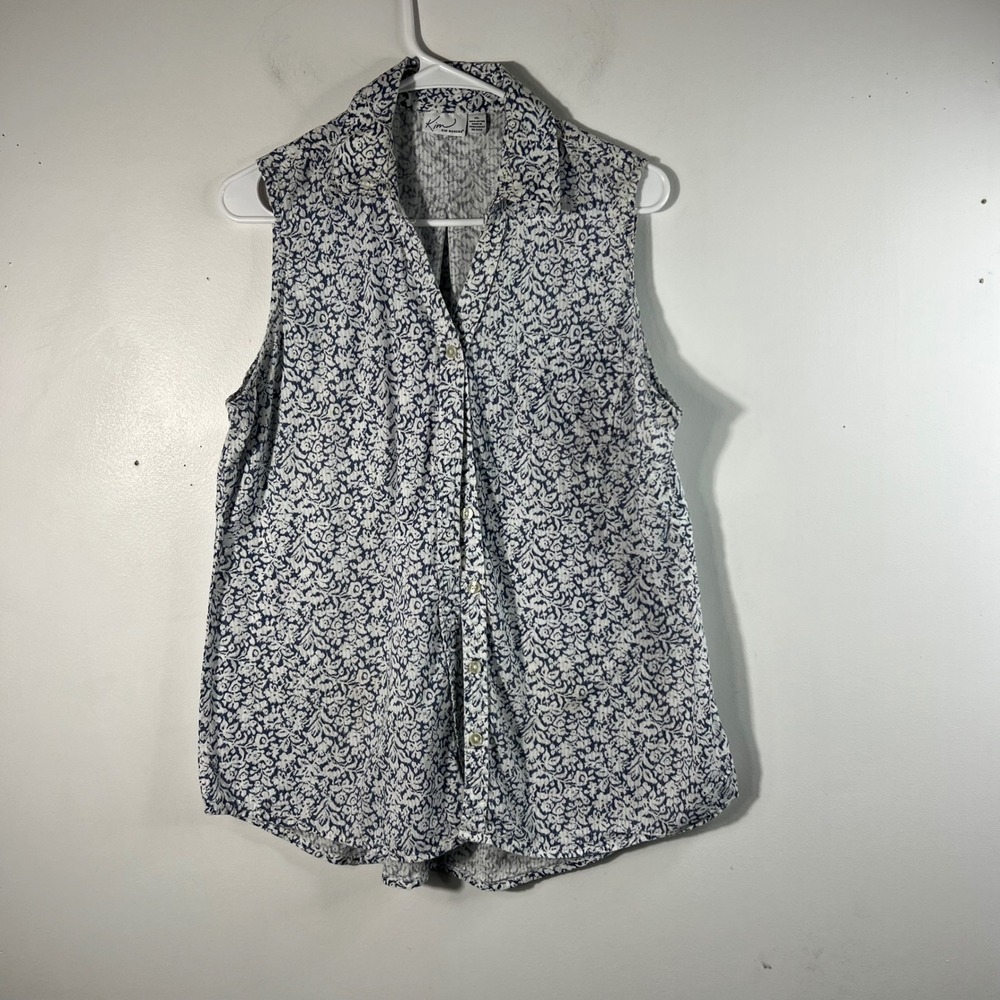Womens Kim Rogers Sleeveless Button Shirt Cotton Floral XL Blue Gray White